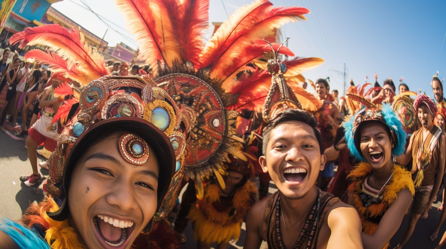 Street photograph showcasing diverse individuals in vibrant festival attire.