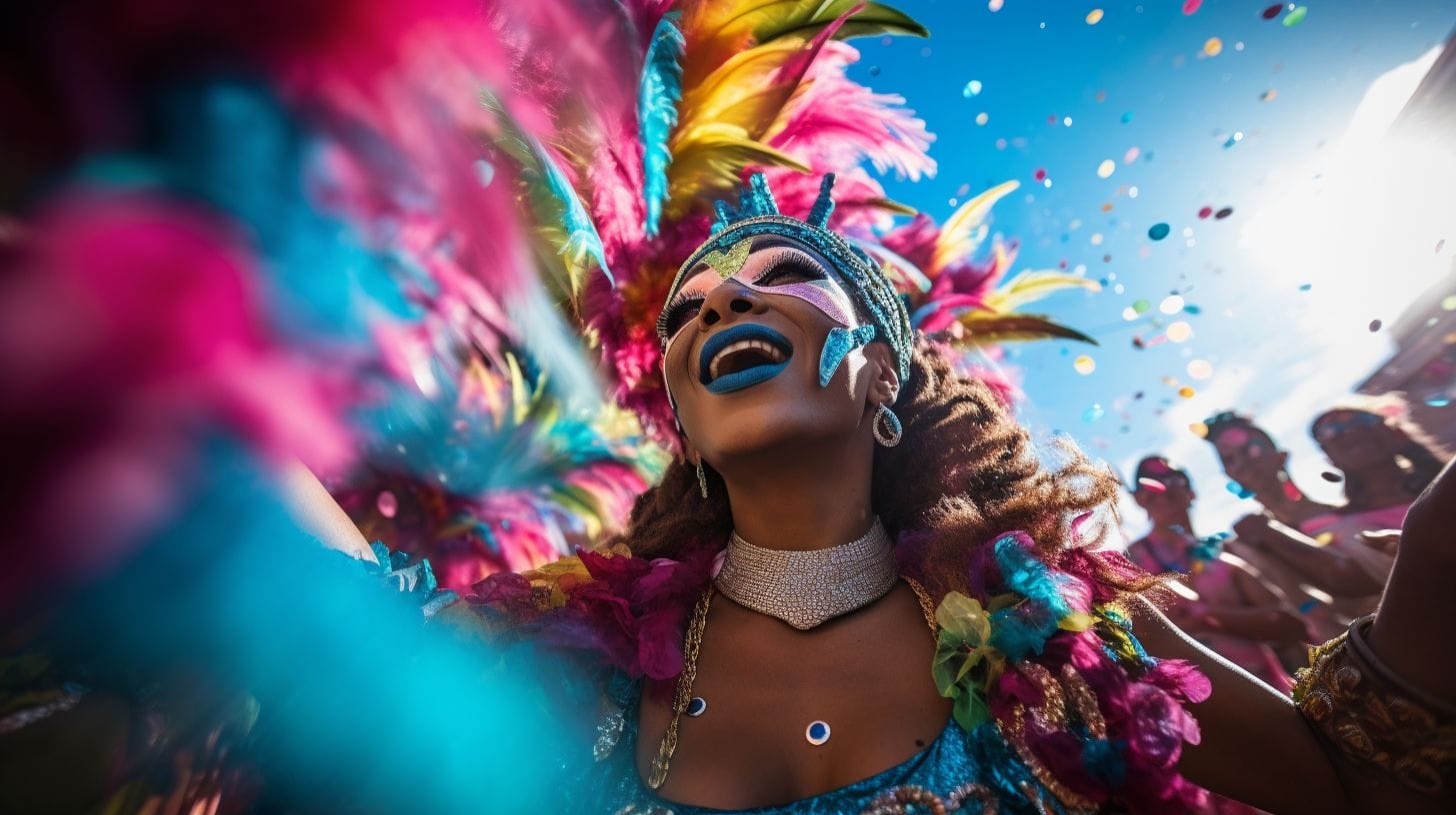 A vibrant street parade with colorful dancers creates a cinematic atmosphere.