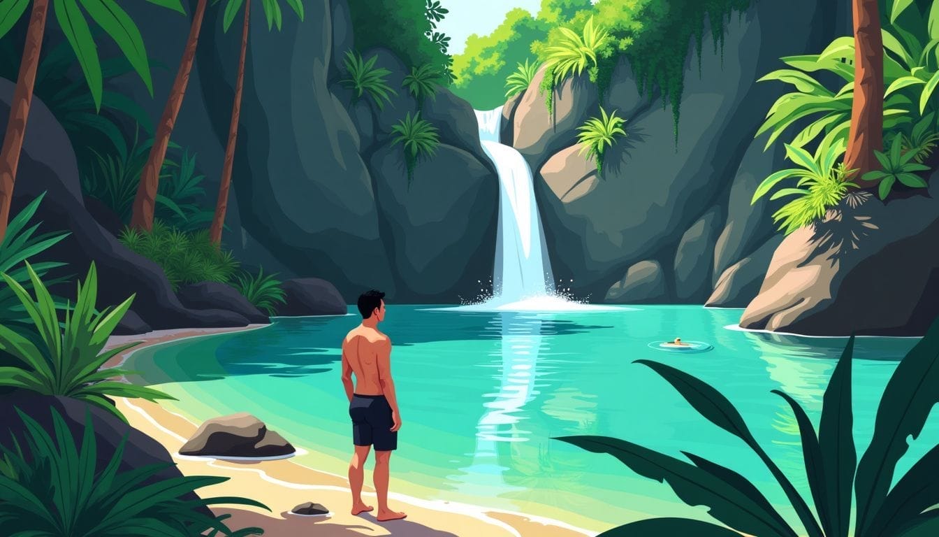 The image shows a person standing near a serene pool at Kawasan Falls. The image shows a person standing near a serene pool at Kawasan Falls.