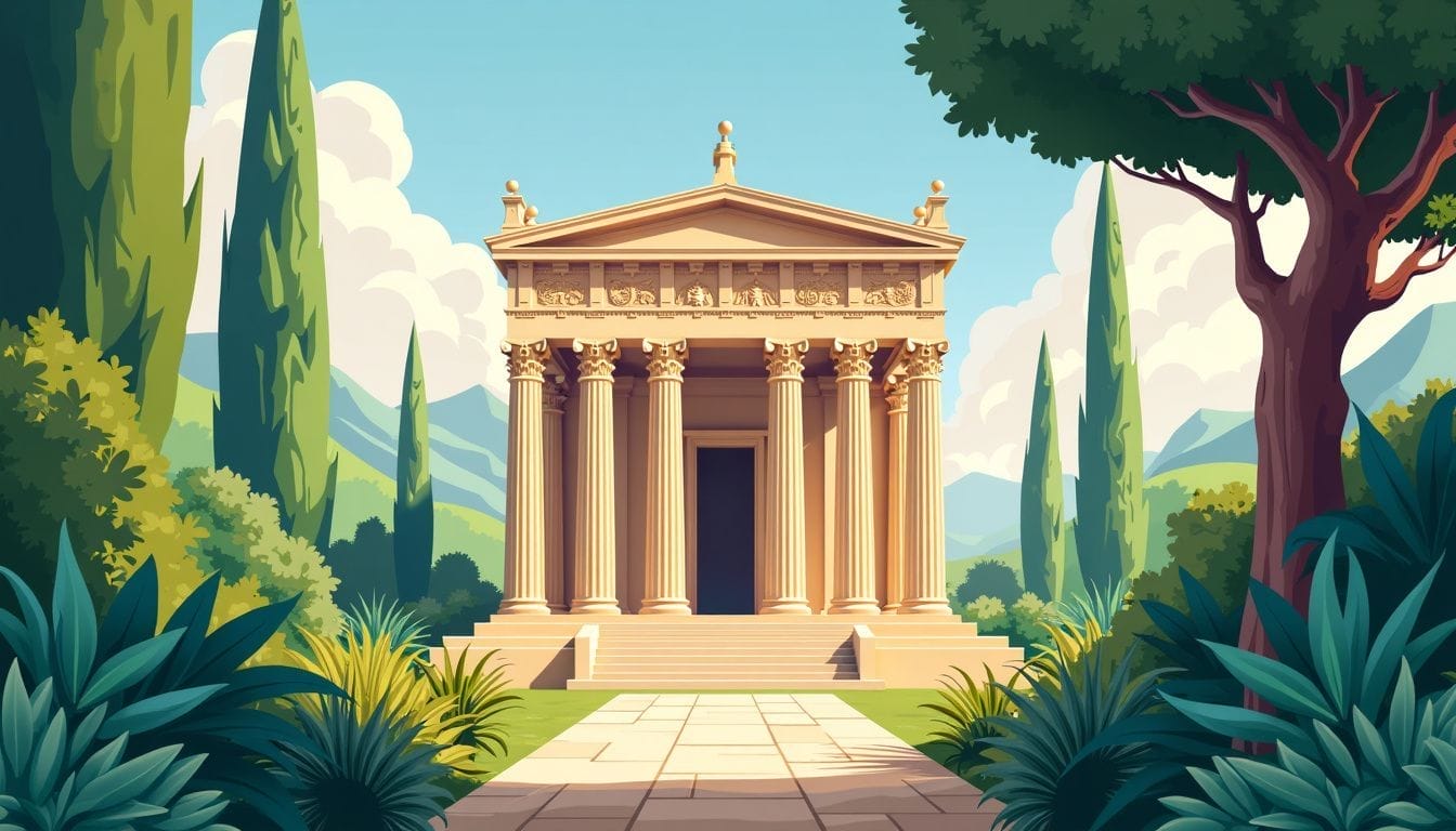 The Temple of Leah is a grand structure surrounded by lush greenery.