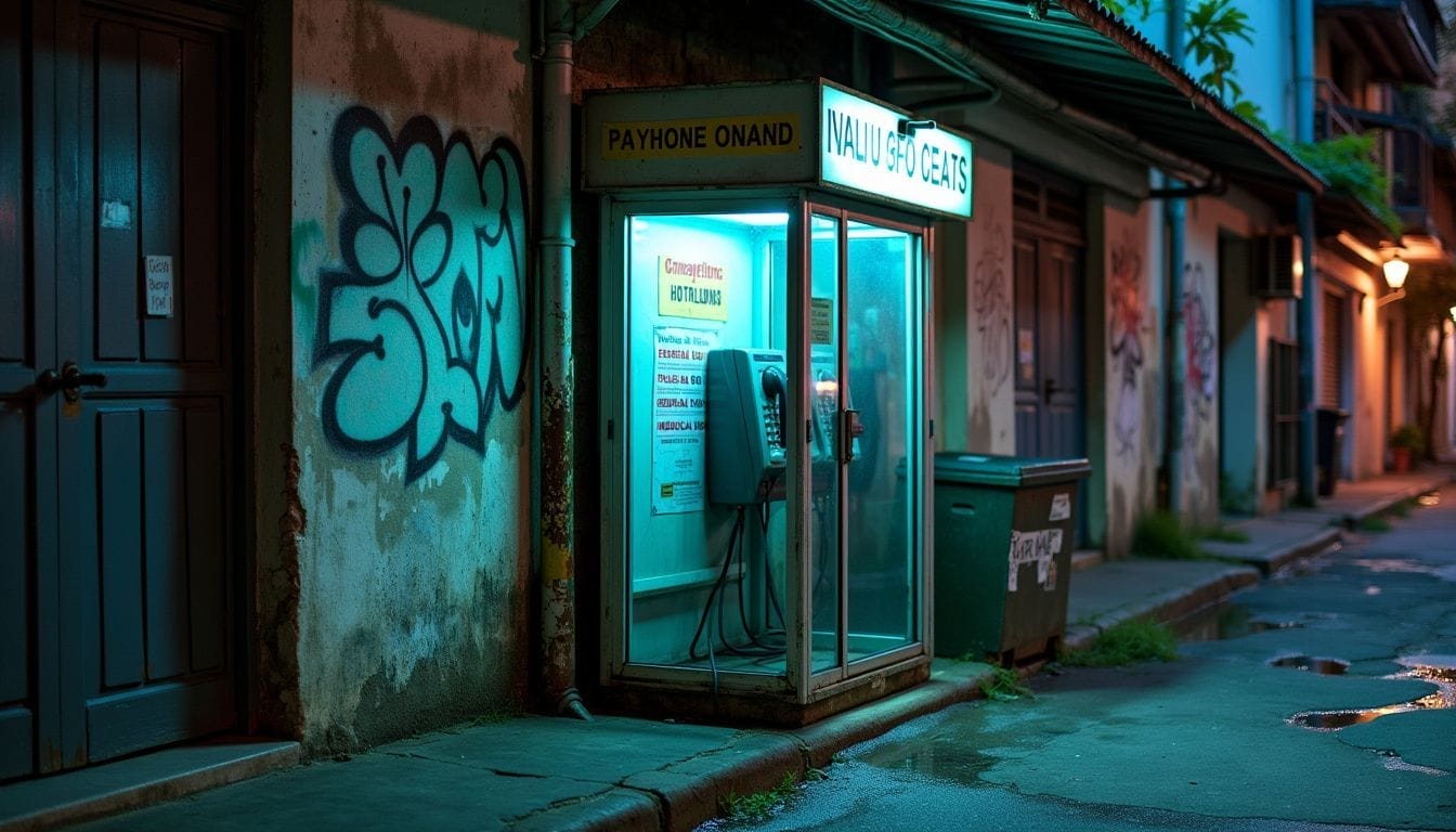 An old payphone booth in a dimly lit urban alley. An old payphone booth in a dimly lit urban alley.
