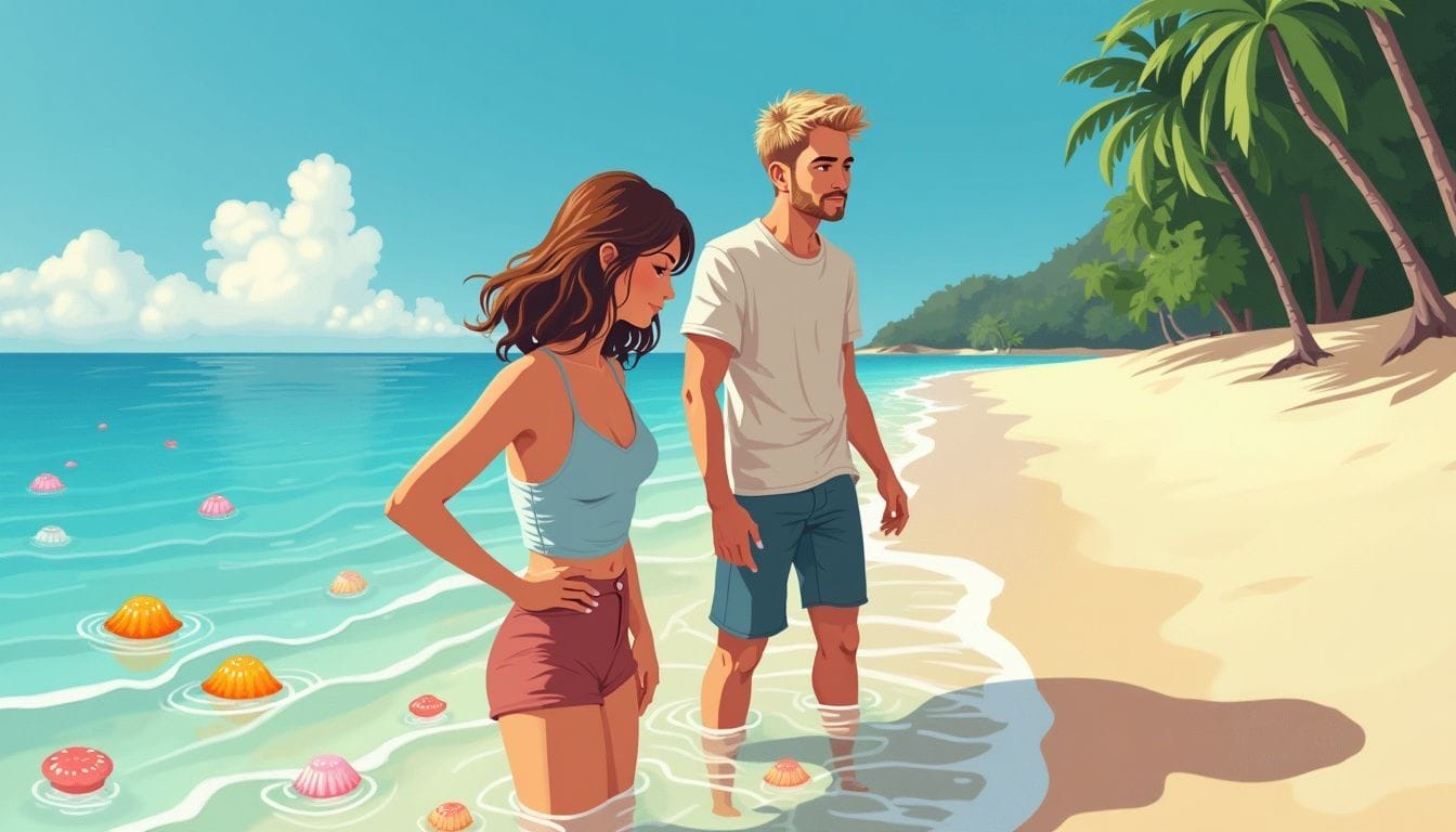 A couple standing on a sandy beach in the Philippines, looking at jellyfish.