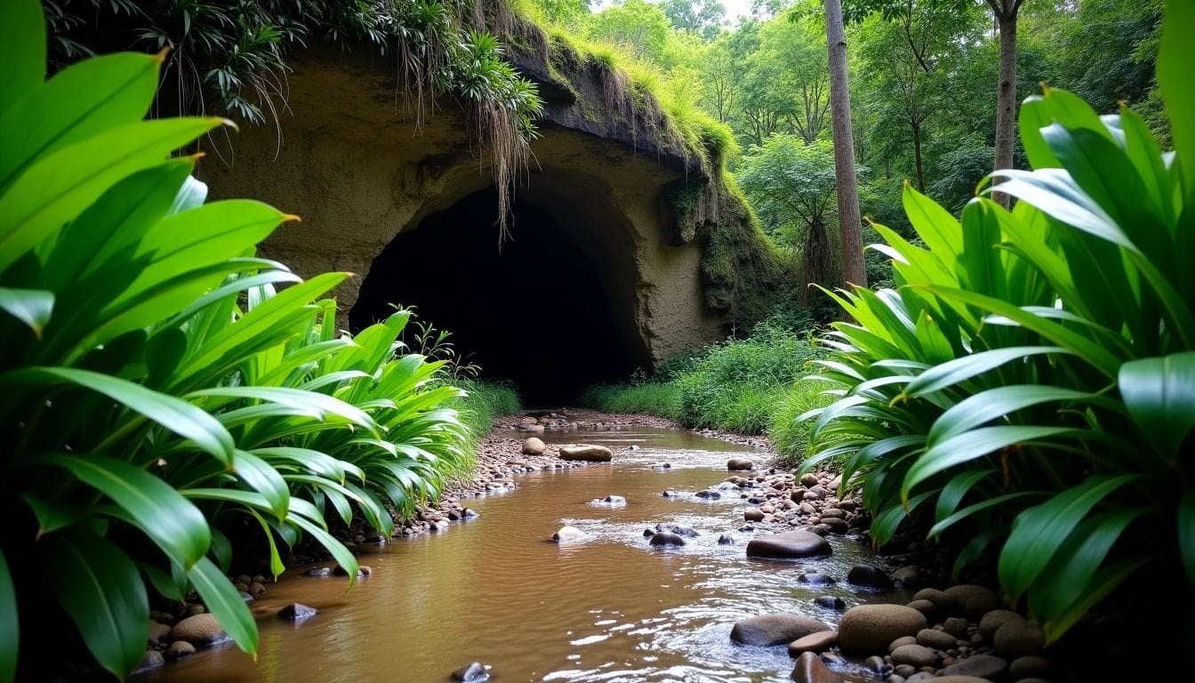 A rugged path leading to a hidden cave surrounded by lush greenery. A rugged path leading to a hidden cave surrounded by lush greenery.