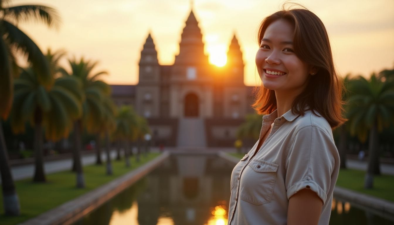 A woman in casual attire enjoys the sunset at Temple of Leah. A woman in casual attire enjoys the sunset at Temple of Leah.