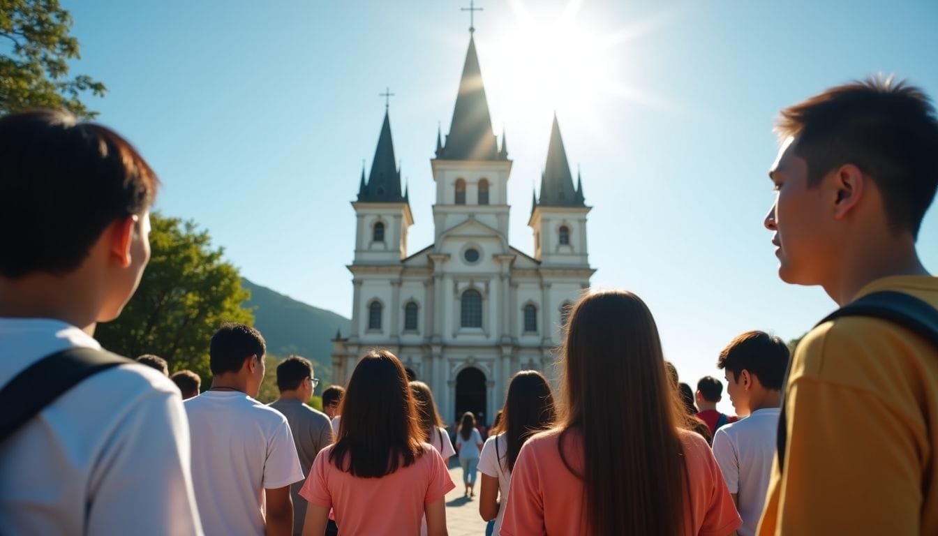 A diverse group of pilgrims admiring the Simala Shrine in Cebu.