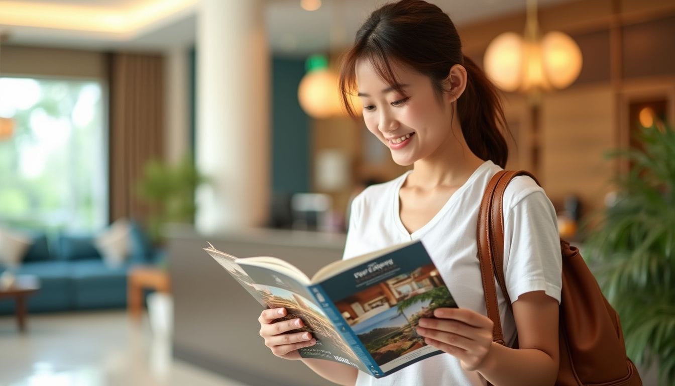 A traveler browses hotel brochures in a cozy Cebu City lobby. A traveler browses hotel brochures in a cozy Cebu City lobby.