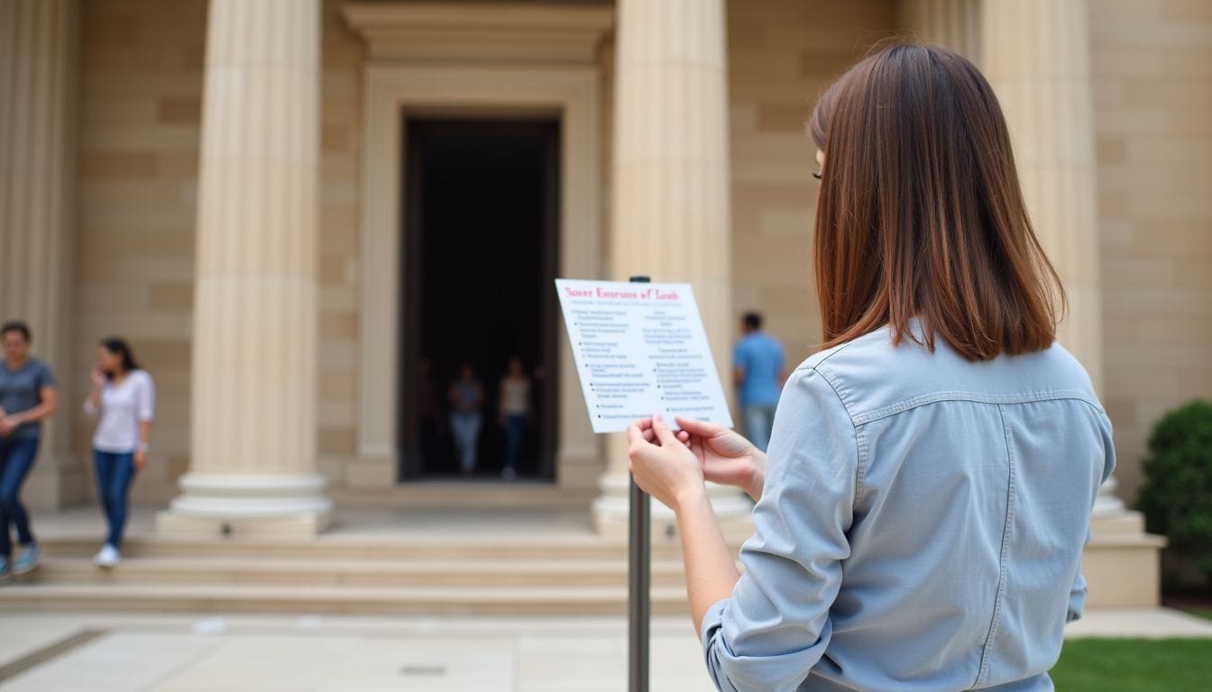 A woman reading entrance fee information at Temple of Leah. A woman reading entrance fee information at Temple of Leah.