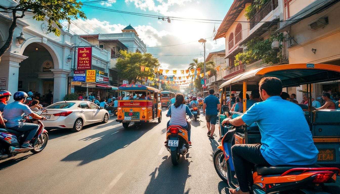 A busy street in downtown Cebu City with colorful transportation. A busy street in downtown Cebu City with colorful transportation.