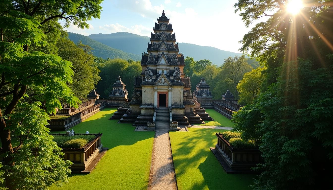 An ancient temple in Cebu City, Philippines, surrounded by lush greenery. An ancient temple in Cebu City, Philippines, surrounded by lush greenery.