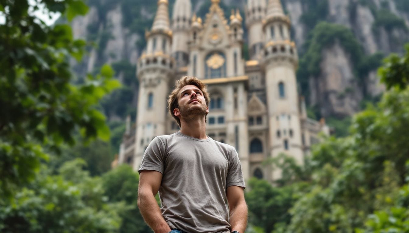 A man admires the grand Simala Shrine in casual attire.