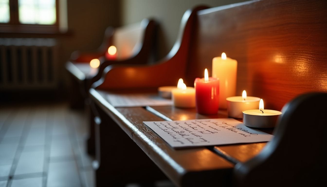 A wooden prayer bench adorned with candles and letters of gratitude.