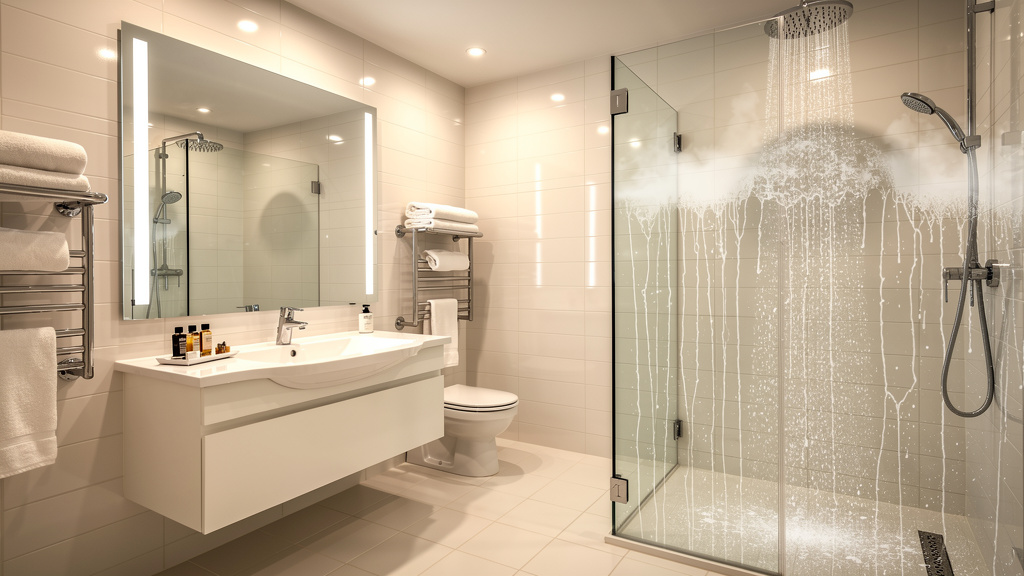 Clean hotel bathroom with hot shower and fresh towels